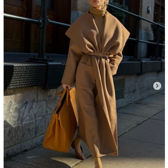 BEST Helsa Revolve The Throw Long Coat Camel Tan Wool Classic Quiet Lux - Picture 2 of 12